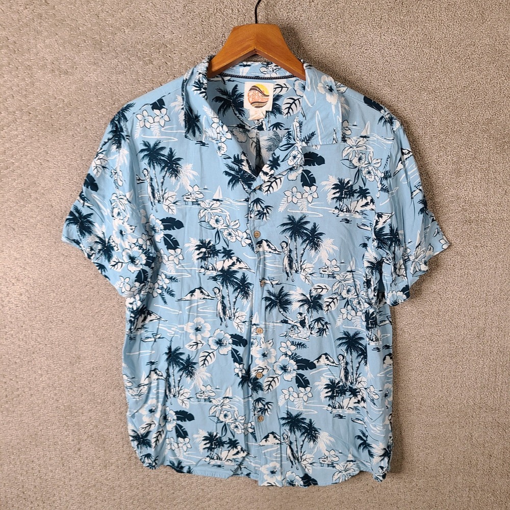 C&C California‎ Shirt Mens L Blue Hawaiian Tropical Palm Tree Rayon Short Sleeve